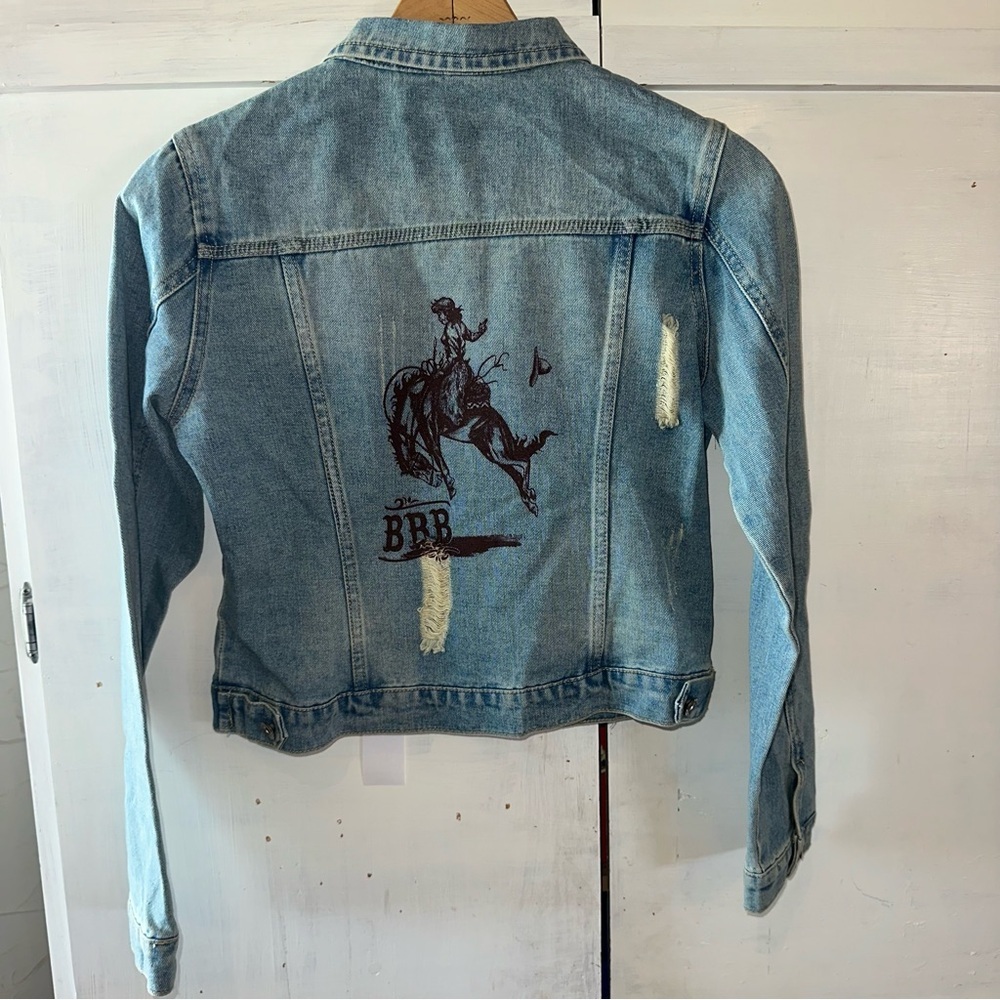 BRB Denim Jacket with Lady Bronc Rider Graphic Detail on the Back